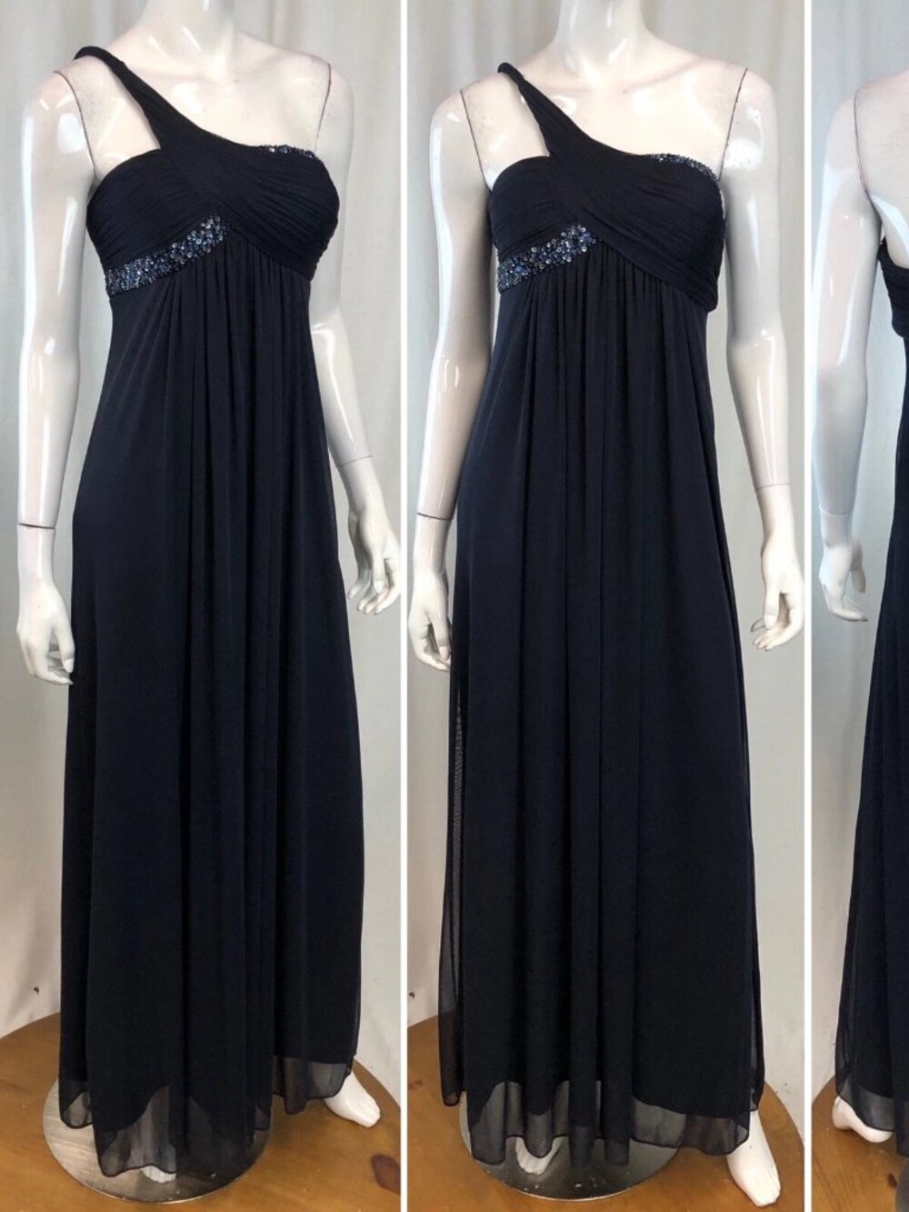 Cache Navy One-Shoulder Evening Gown with Beaded Waist